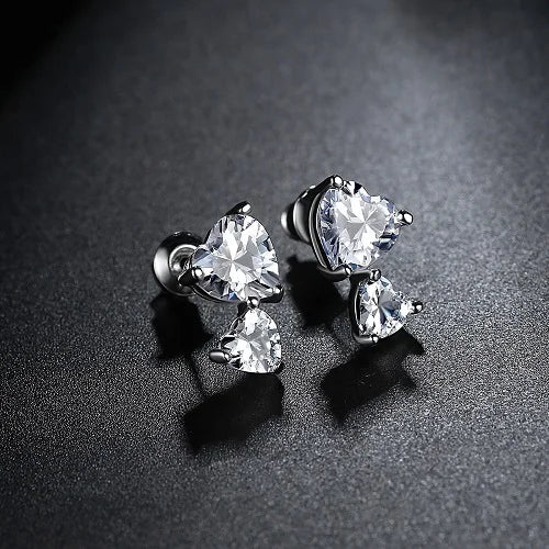 CZCITY White Gold Color Fashion 1 Pair Double Heart-shaped White Cubic Zirconia Stud Earrings for Womens Girls Love Gift