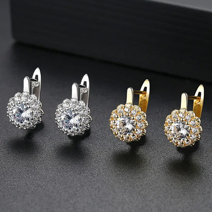 CZCITY Fashion 18k Gold Women Earrings New Cubic Zirconia Flower Huggie Earrings