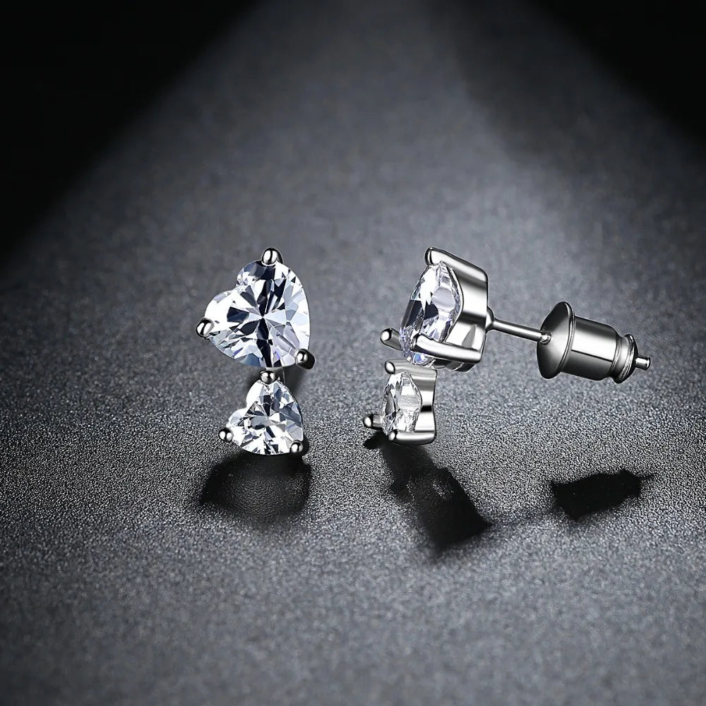 CZCITY White Gold Color Fashion 1 Pair Double Heart-shaped White Cubic Zirconia Stud Earrings for Womens Girls Love Gift