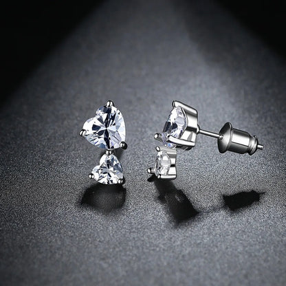 CZCITY White Gold Color Fashion 1 Pair Double Heart-shaped White Cubic Zirconia Stud Earrings for Womens Girls Love Gift