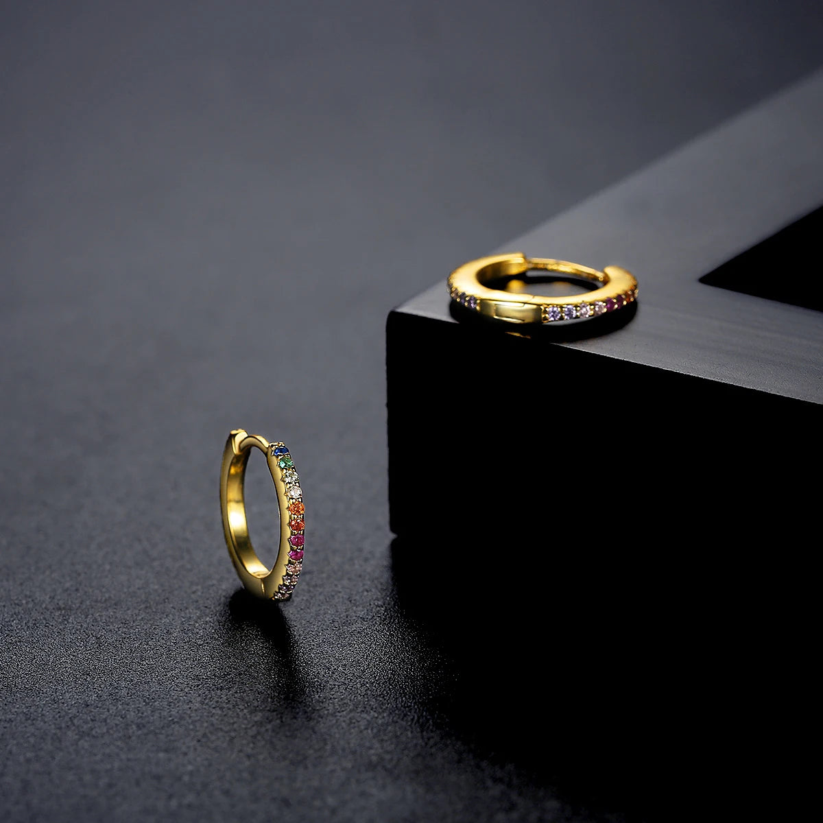 CZCITY Rainbow CZ Paved Woman Diamond Jewelry 14K Gold Zircon Plated Huggie Hoop Earring
