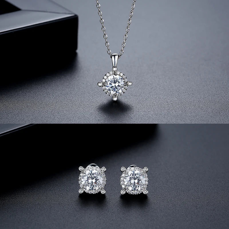 LUOTEEMI Delicate Women Small Round Shape Brass Rhodium Plated Zircon Stone Stud Earrings Pendant Chain Necklace Jewelry Sets