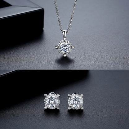 LUOTEEMI Delicate Women Small Round Shape Brass Rhodium Plated Zircon Stone Stud Earrings Pendant Chain Necklace Jewelry Sets