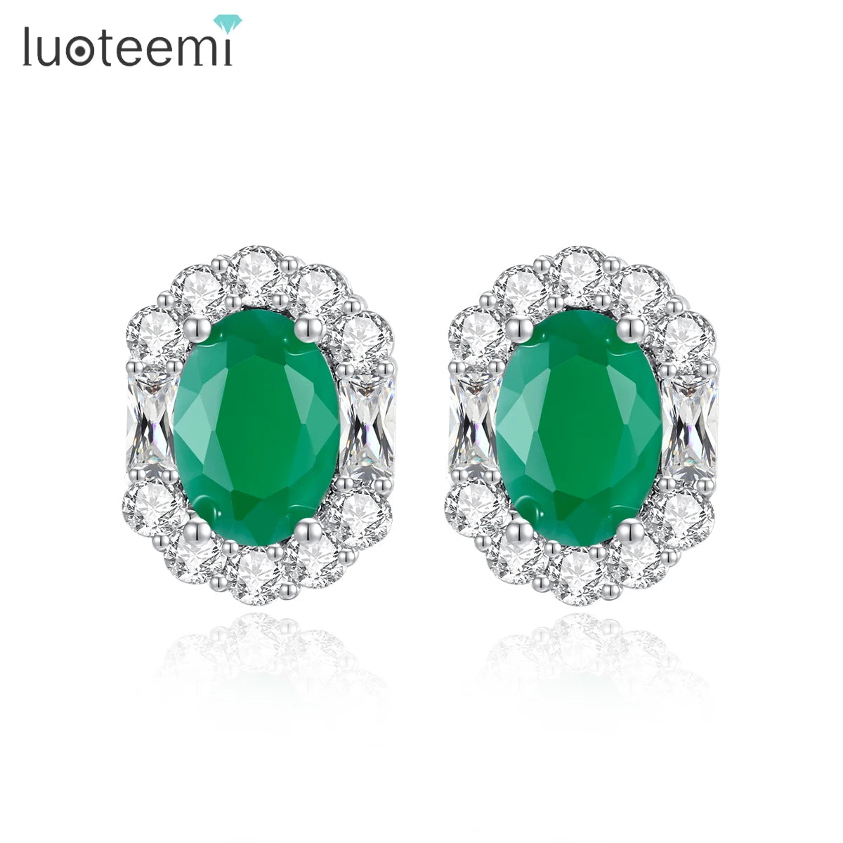 LUOTEEMI Delicate Geometric Fashion Design Women Zircon Stone Green Jade Color CZ Stud Earrings for Girls Ladies Jewelry