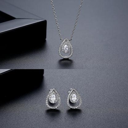LUOTEEMI Classic Design Women Trendy Brass Fashion Tear Drop Tiny Zircon Jewelry Earrings and Necklace Sets Ready to Ship