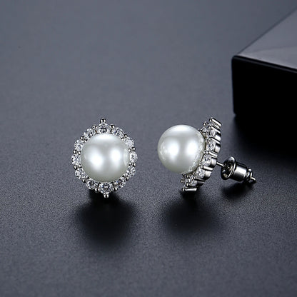 LUOTEEMI Brass Fashion Rhodium Plated High Quality Clear CZ Zircon Stone Imitation Pearl Stud Chain Necklace Jewelrt Sets