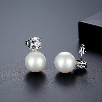 LUOTEEMI Luxury Cubic Zirconia Sugar Girl Lovely Big White Imitation Round Pearl Stud Earrings Rhodium Plated Jewelry
