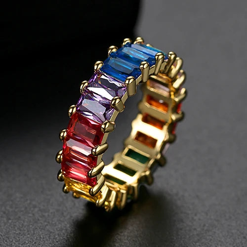 Rainbow Gemstone Eternity Band Ring Zircon Stone Cubic Zirconia CZ Fashion Gold Baguette Diamond Eternity Ring for Women