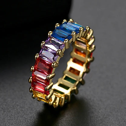 Rainbow Gemstone Eternity Band Ring Zircon Stone Cubic Zirconia CZ Fashion Gold Baguette Diamond Eternity Ring for Women