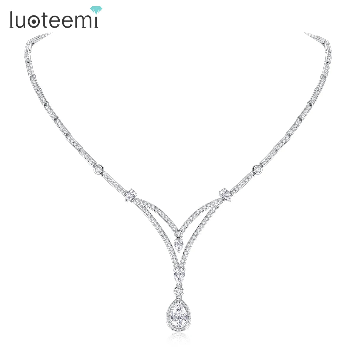 LUOTEEMI Delicate European and American Women Cubic Zirconis Geometric Jewelry Sets Necklace for Party Luxury Big Charm Necklace