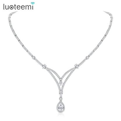 LUOTEEMI Delicate European and American Women Cubic Zirconis Geometric Jewelry Sets Necklace for Party Luxury Big Charm Necklace