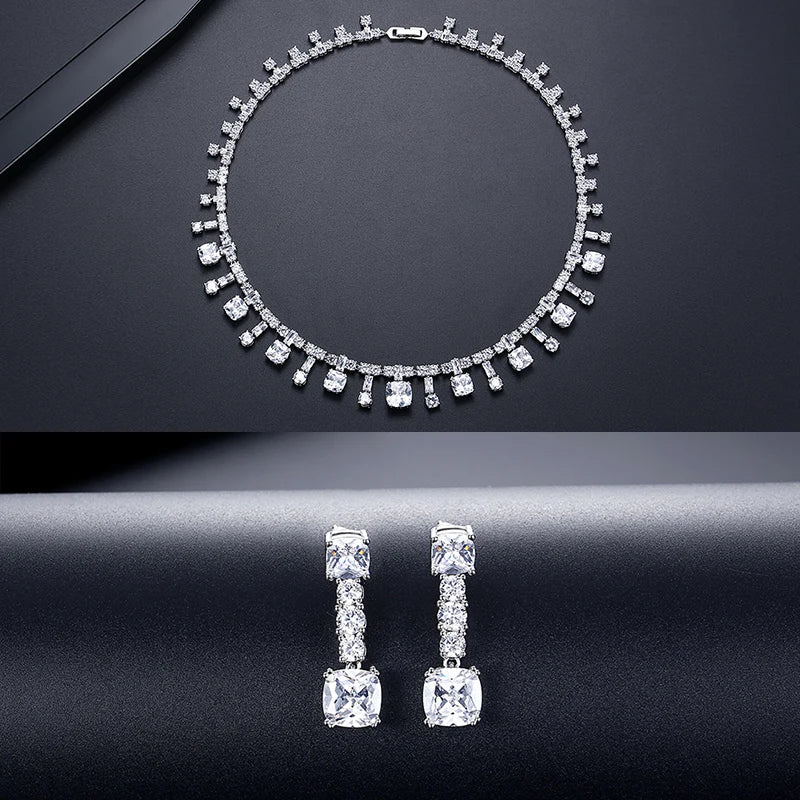 LUOTEEMI Luxury Geometric Zircon Stone Clear Color Bridal Jewelry Copper Cubic Zirconia Sets for Wedding Luxury Jewellery Set