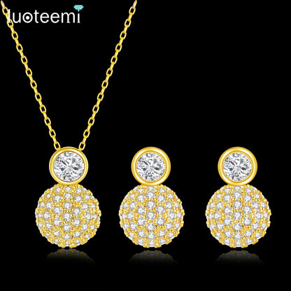 LUOTEEMI Tiny Cubic Zirconia Round Ball Classic Design Earrings and Necklace Jewelry Sets for Women High Quality Jewellery Gifts