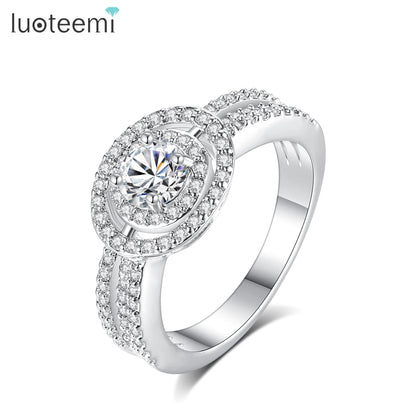 LUOTEEMI Rhodium White Gold Plated Bridal Wedding Sparkling Cubic Zirconia Micro Pave Engagement Wedding Halo Ring