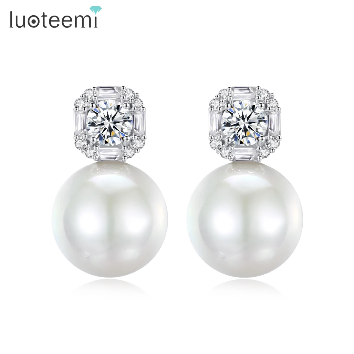 LUOTEEMI Luxury Cubic Zirconia Sugar Girl Lovely Big White Imitation Round Pearl Stud Earrings Rhodium Plated Jewelry