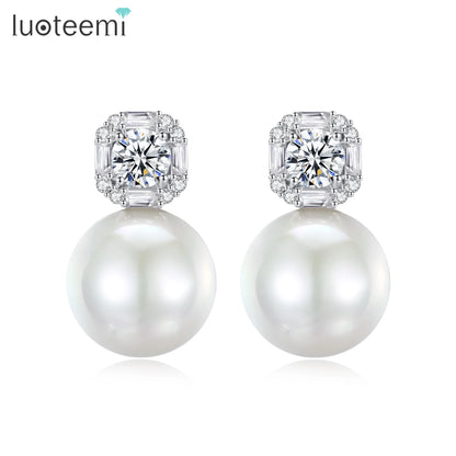 LUOTEEMI Luxury Cubic Zirconia Sugar Girl Lovely Big White Imitation Round Pearl Stud Earrings Rhodium Plated Jewelry