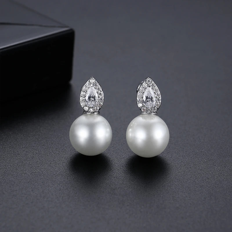 LUOTEEMI Cute Fashion Korean Tear Drop Zircon Stone Round Trendy Imitation Pearl Small Office Lady Jewelry Stud Earrings Trendy
