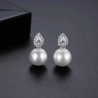 LUOTEEMI Cute Fashion Korean Tear Drop Zircon Stone Round Trendy Imitation Pearl Small Office Lady Jewelry Stud Earrings Trendy