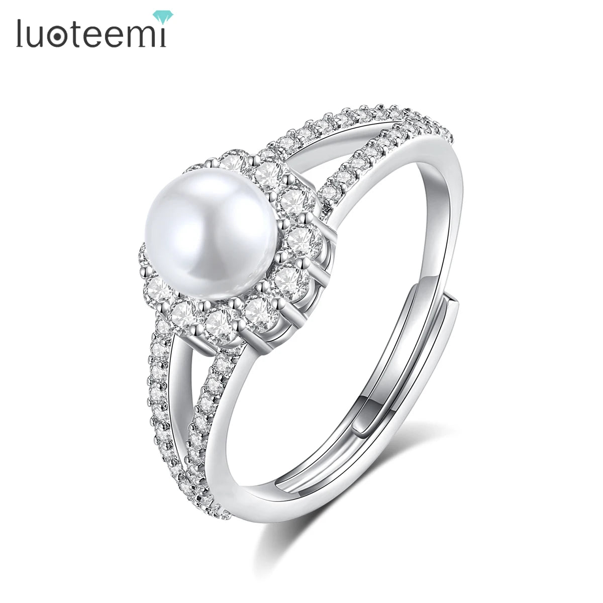 LUOTEEMI Vintage Girls Fashion Cubic Zirconia Flower Finger Ring White Pearl Trendy Jewelry Rings for Women Japanese Girls Gifts