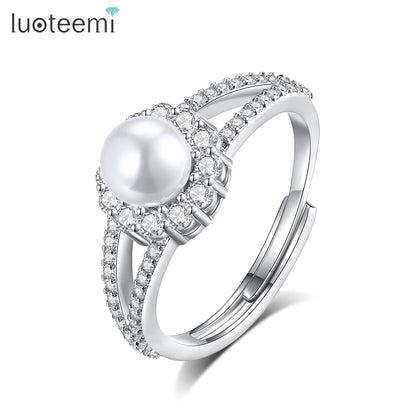 LUOTEEMI Vintage Girls Fashion Cubic Zirconia Flower Finger Ring White Pearl Trendy Jewelry Rings for Women Japanese Girls Gifts