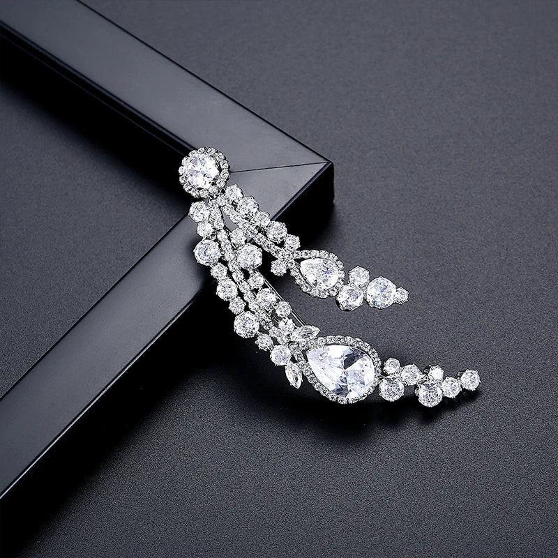 LUOTEEMI Cubic Zirconia Oval and Tear Drop Luxury Flower CZ Big Brooches for Women Real White Gold Plated Low MOQ