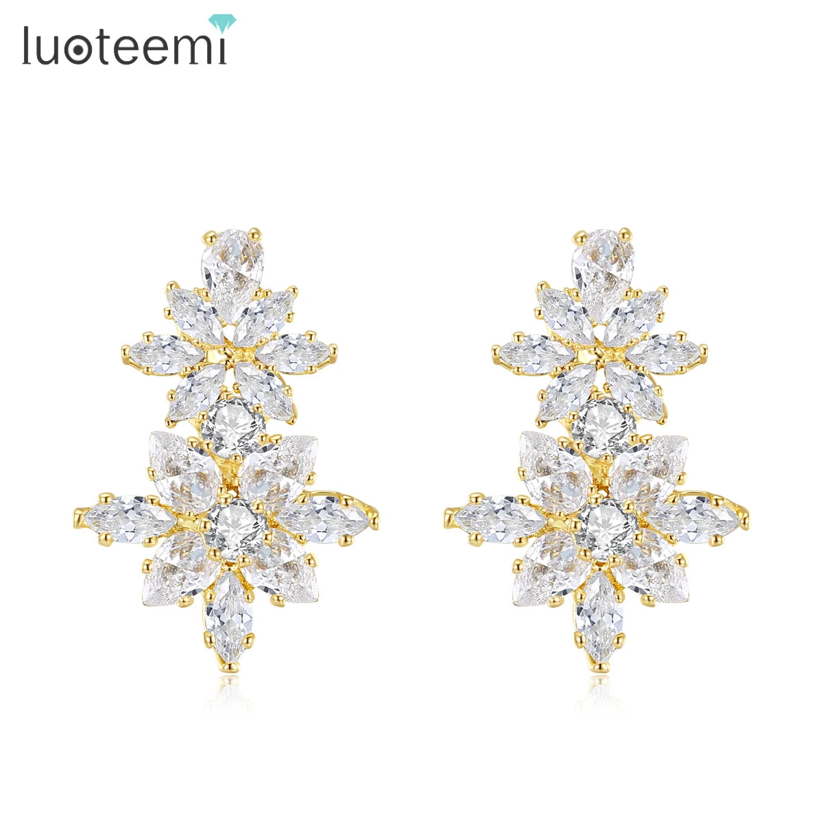 LUOTEEMI New Come Flower Zircon Stone Brass Parts CZ Jewelry Stud Earrings for Women Bridal Wedding Jewelry High Quality