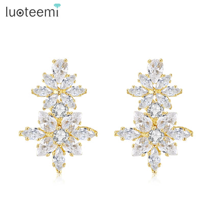 LUOTEEMI New Come Flower Zircon Stone Brass Parts CZ Jewelry Stud Earrings for Women Bridal Wedding Jewelry High Quality
