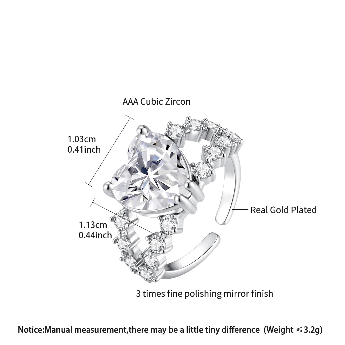 LUOTEEMI New Elegant High Quality Big Heart Crystal with Small Cubic Zirconia Girls Fashion Open Size Jewelry Big Finger Ring