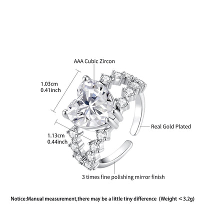 LUOTEEMI New Elegant High Quality Big Heart Crystal with Small Cubic Zirconia Girls Fashion Open Size Jewelry Big Finger Ring