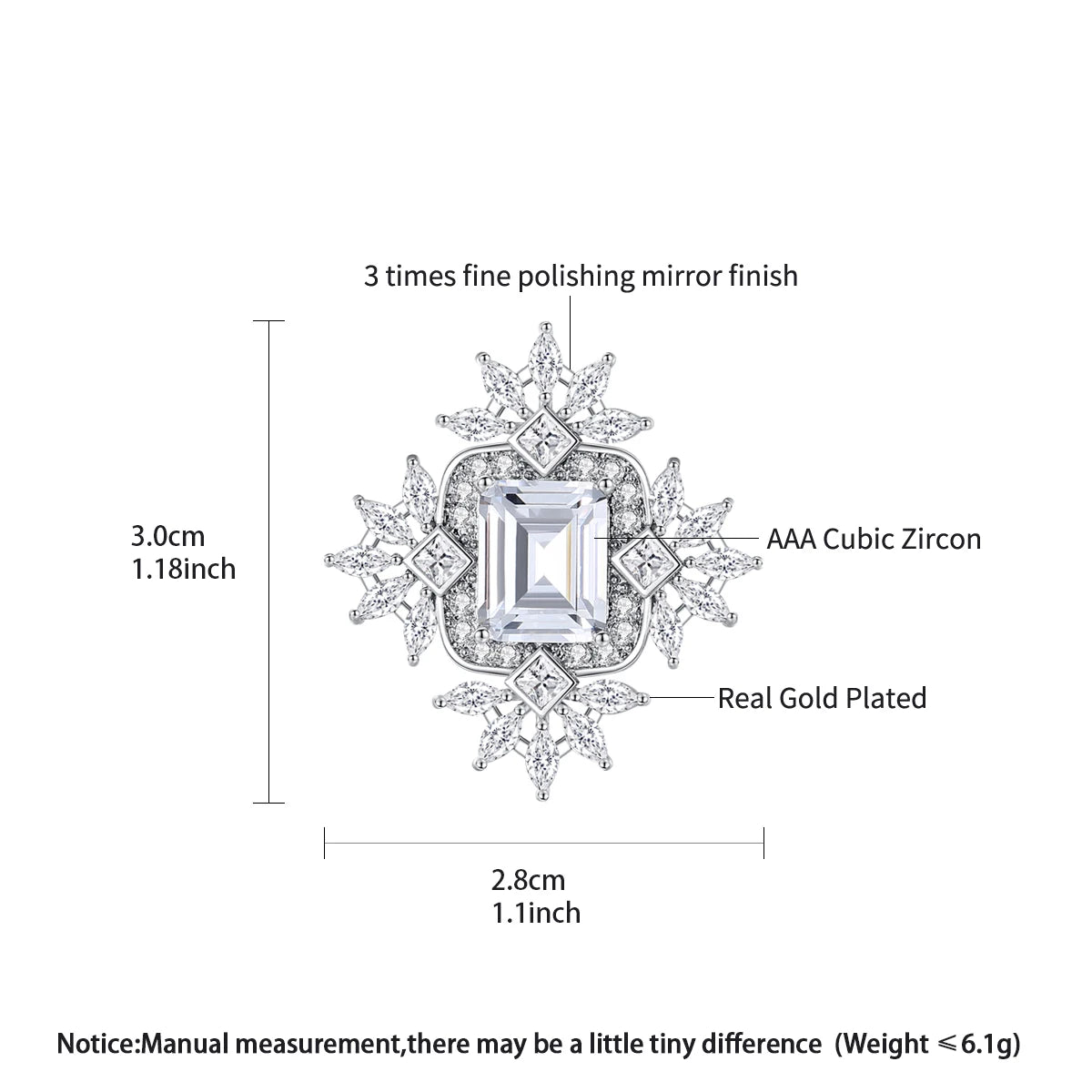 LUOTEEMI Big Emerald Cut Clear Zircon Stone Geometric Flower Brass Fashion Trendy Brooch for Sex Lady Teemi Brand