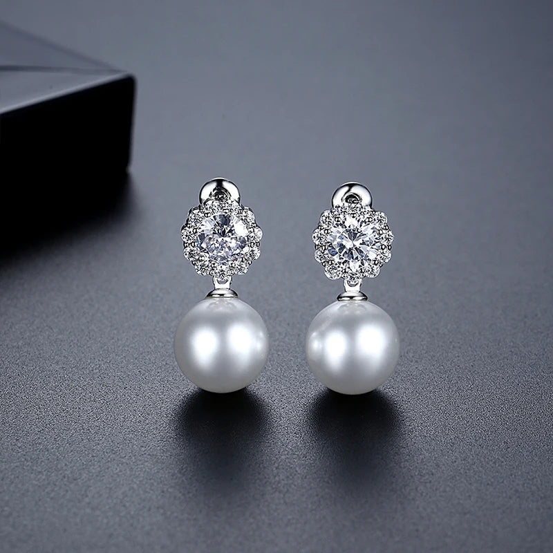 LUOTEEMI Luxury Cubic Zirconia Flower Big White Pearl Bridal Annivery Wedding Drop Earrings for Lady Rhodium Plated CZ Earrings