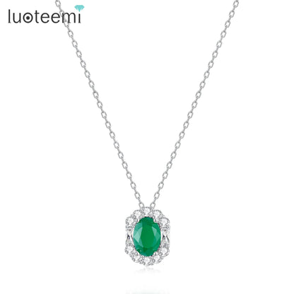 LUOTEEMI New Come Sugar Girl Cute Jade Green Cubic Zirconia Women Korean Fashion Pendant Link Chain Necklace for Women