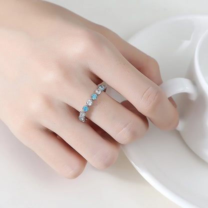 CZCITY Sea Blue and Clear Round CZ Geometric Round Stone Finger Ring for Girls Ladies Fashion Jewelry Daily Wear Rings