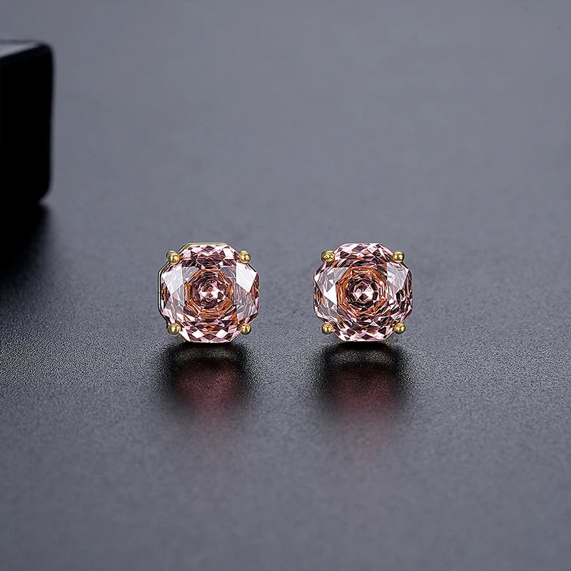 CZCITY Millennium Rose Cut Octagonal Zircon Clear and Pink Classic Style Small Stud Earrings for Women New Fashion