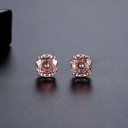 CZCITY Millennium Rose Cut Octagonal Zircon Clear and Pink Classic Style Small Stud Earrings for Women New Fashion