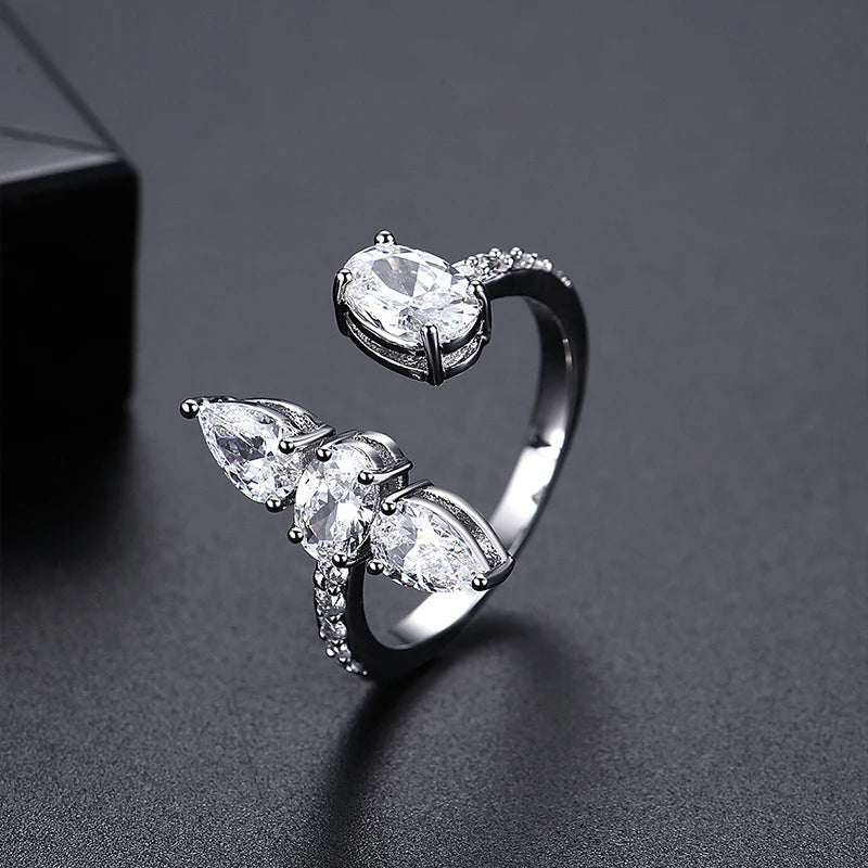 LUOTEEMI Geometric Tear Shape Oval Shape Women Zircon Stone Party Gift Adjustable Ring Rhodium Plated Girls Big Trendy Rings