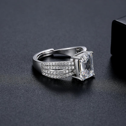 CZCITY Rectangle Big Zircon Stone Women Big Resizable Hand Jewelry Ring Rhodium Plated Brass Romantic Finger Rings