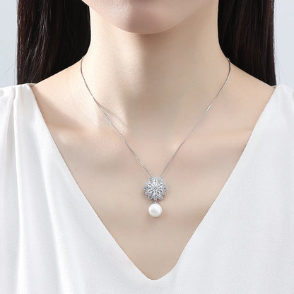 LUOTEEMI Stock Wholesale Fashion a AA Zircon Flower With Pearl Drop Pendant White Gold Chain Necklace for Women