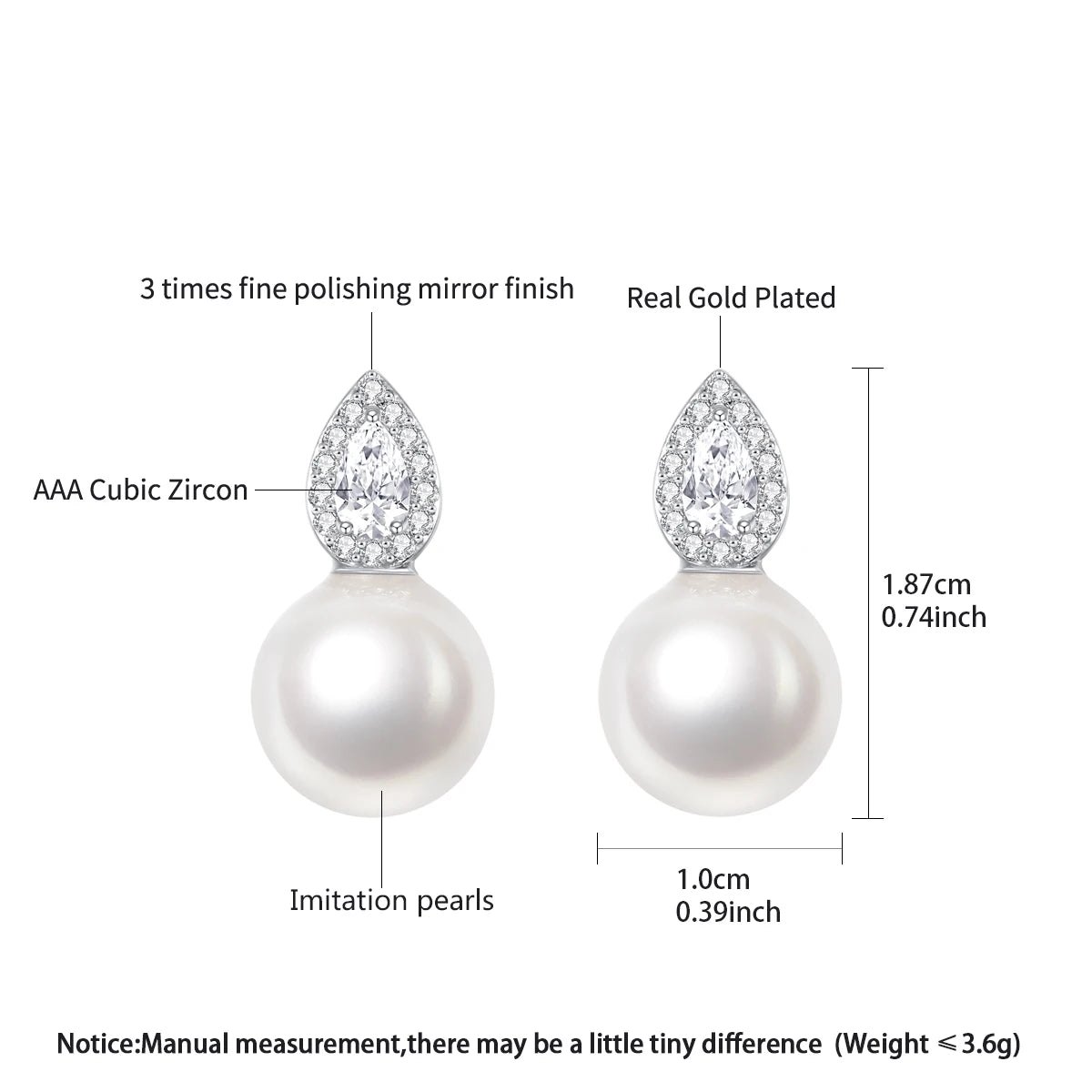 LUOTEEMI Cute Fashion Korean Tear Drop Zircon Stone Round Trendy Imitation Pearl Small Office Lady Jewelry Stud Earrings Trendy