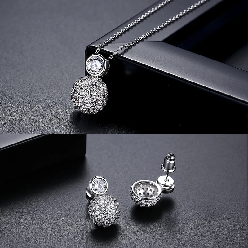 LUOTEEMI Tiny Cubic Zirconia Round Ball Classic Design Earrings and Necklace Jewelry Sets for Women High Quality Jewellery Gifts