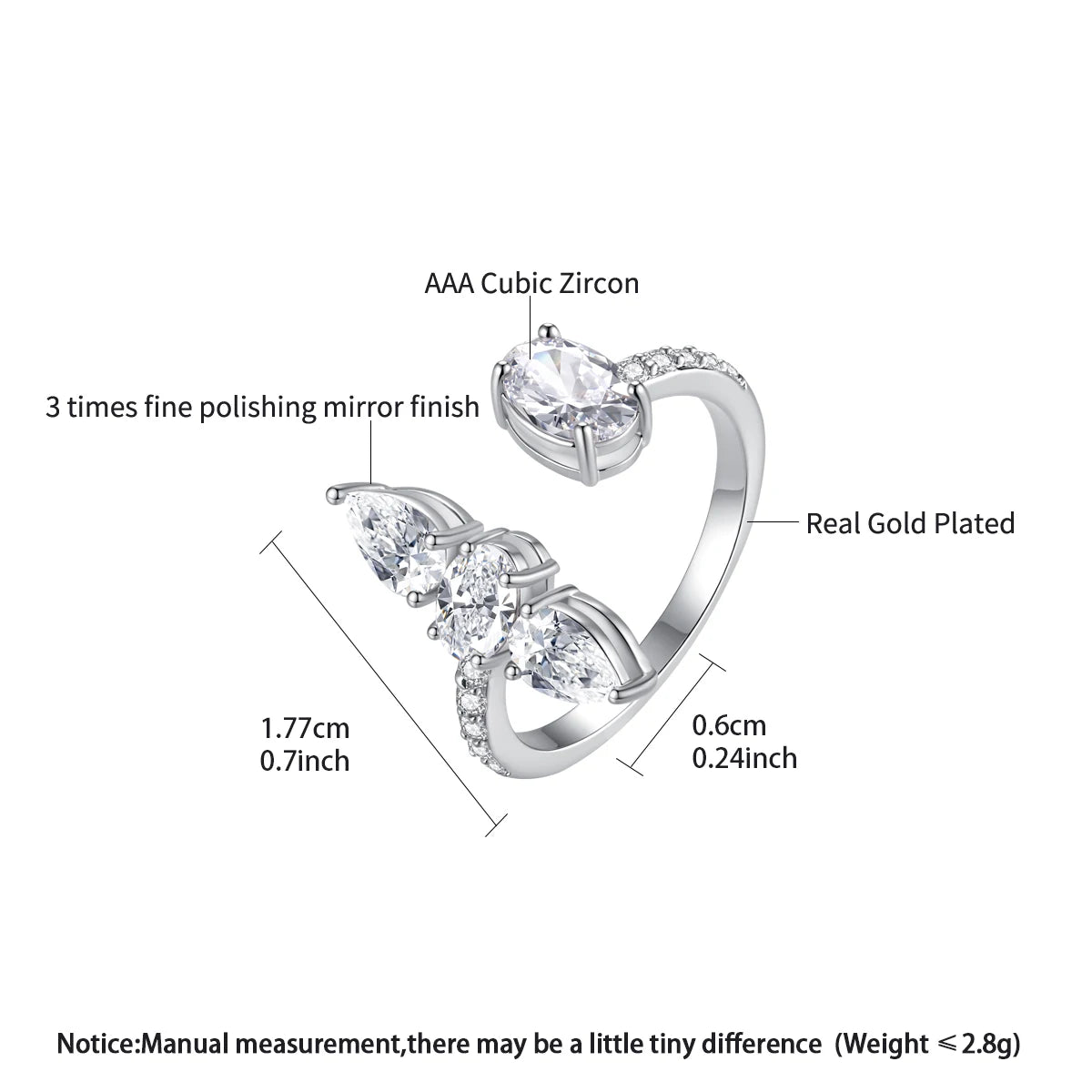 LUOTEEMI Geometric Tear Shape Oval Shape Women Zircon Stone Party Gift Adjustable Ring Rhodium Plated Girls Big Trendy Rings