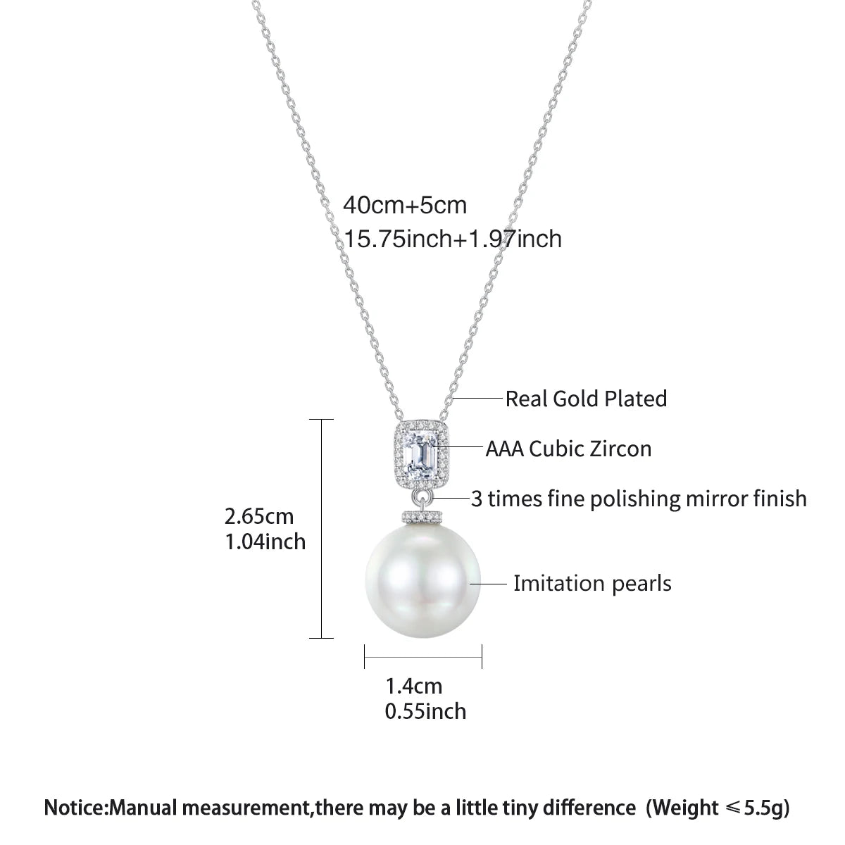 CZCITY Geometric Rectangle Cut Clear Cubic Zirconia White Round Imitation Pearl Jewelry Pendant Link Chain Necklaces for Bridal