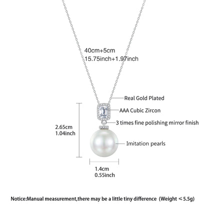CZCITY Geometric Rectangle Cut Clear Cubic Zirconia White Round Imitation Pearl Jewelry Pendant Link Chain Necklaces for Bridal