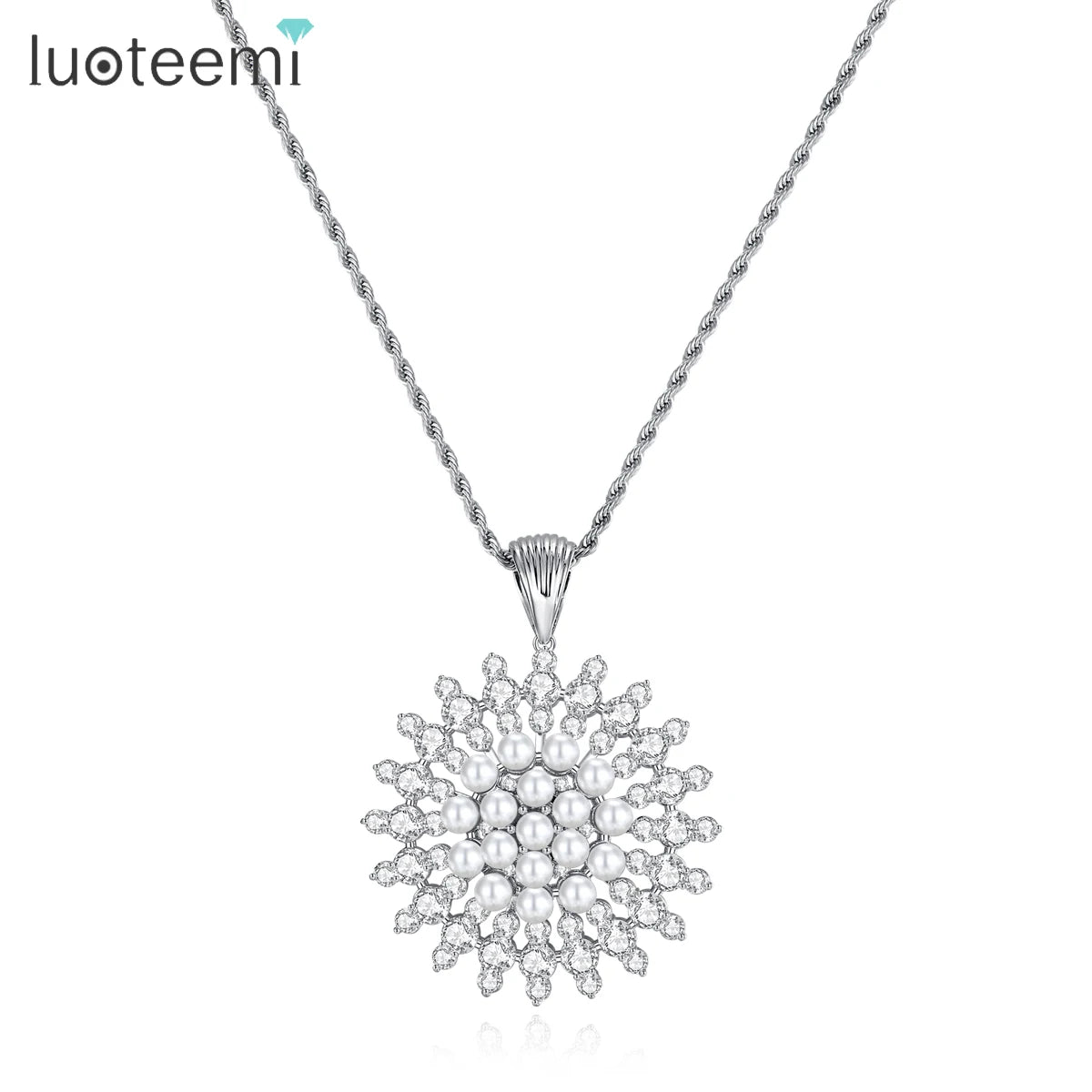 LUOTEEMI Luxury Cubic Zirconia with Imitation Pearl Sun Flower Elegant Women Long Chain Necklaces Fashion Jewelry
