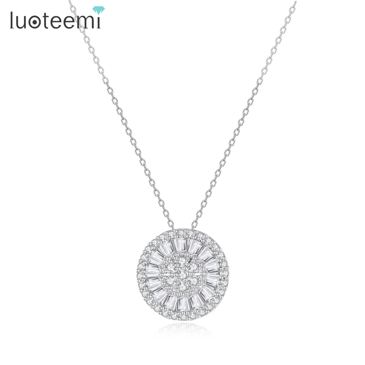 LUOTEEMI Round Disc Fashion Chain Link Jewelry Pendant Necklace Cubic Zirconia Rhodium Plated Necklaces for Women