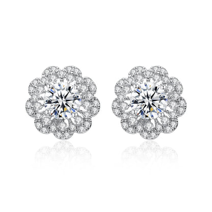 CZCITY Trend Women Fashion Custom Korea Design Exquisite Rhodium White Gold Plated Cubic Zirconia Flower Earrings Studs