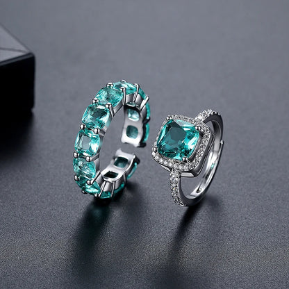 CZCITY Fashion Big Ring Sets Resizable Open Size Women Green Crystal Glass Luxury Finger Ring Women Hand Jewelry
