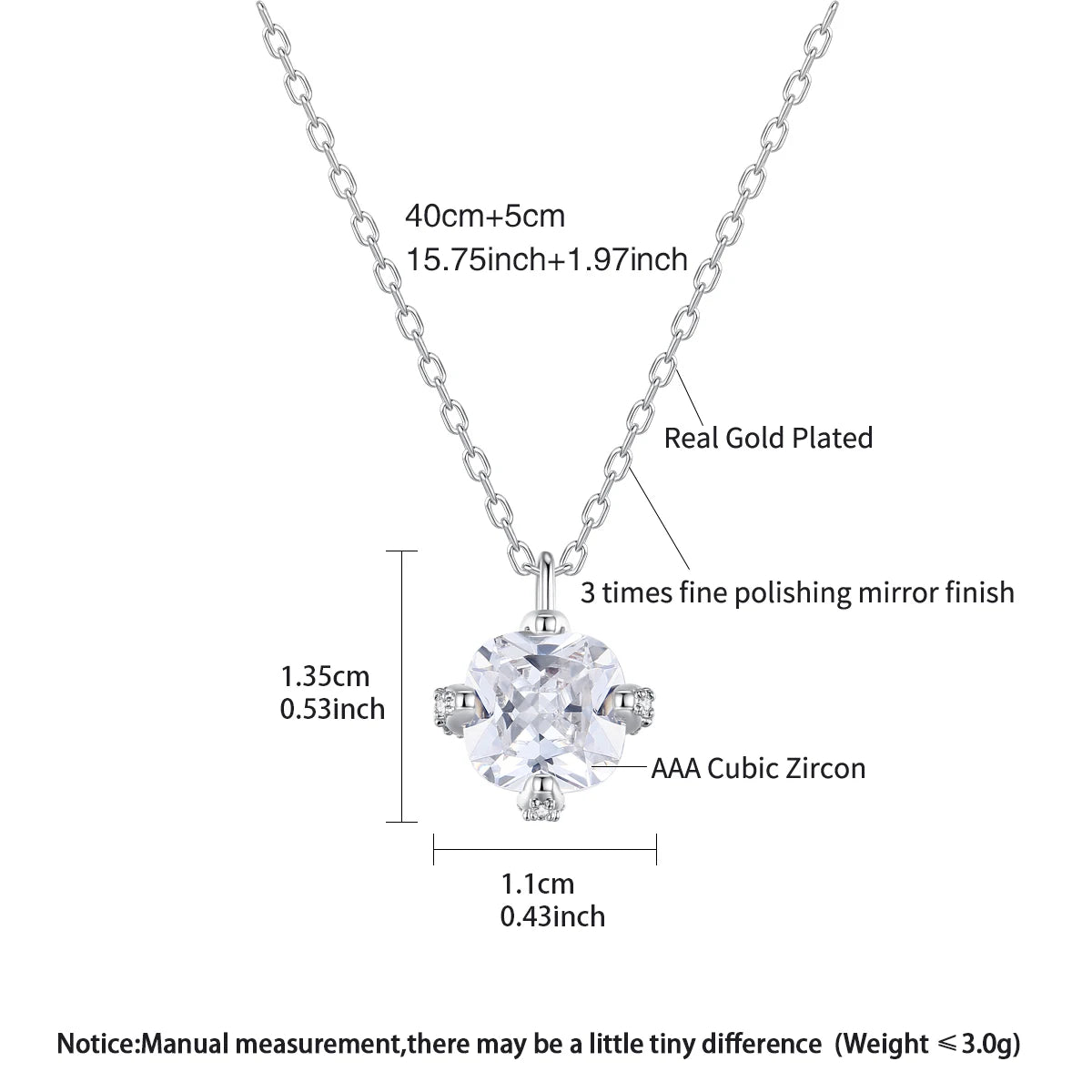 LUOTEEMI Geometric Women Cute Trendy Zircon Stone Link Chain Pendant Necklace Rhodium Plated Women Gift