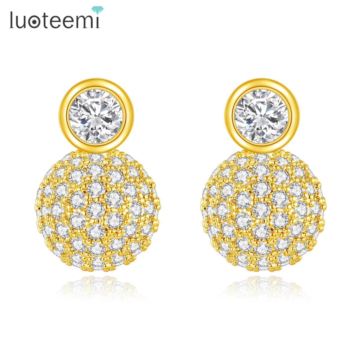 LUOTEEMI Tiny CZ Paved Clear Zircon Beaded Elegant Earrings Stud for Girls Classic Design Women Ball Korean Trendy Stud Earings