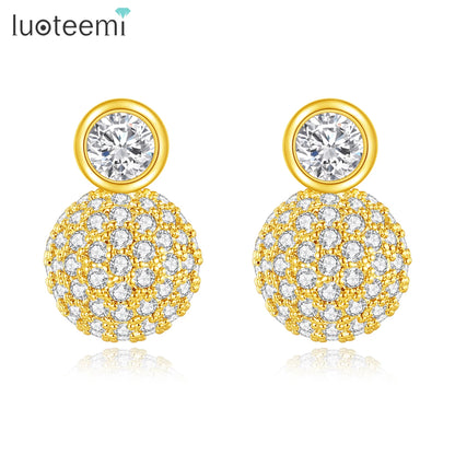 LUOTEEMI Tiny CZ Paved Clear Zircon Beaded Elegant Earrings Stud for Girls Classic Design Women Ball Korean Trendy Stud Earings
